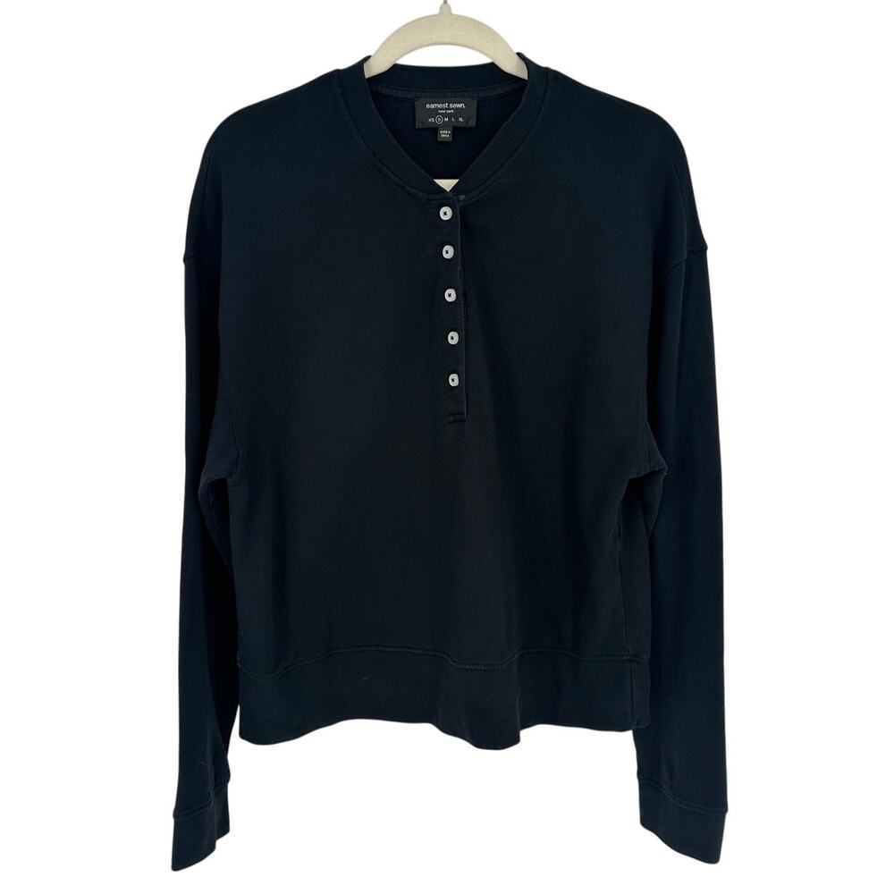Earnest Sewn Black Cropped Henley Crewneck Sweater Winter Casual Relaxed S